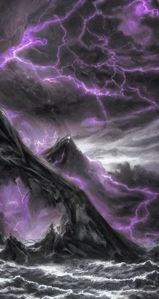 Image similar to black lovecraftian eldritch!! obsidian pyramid!! on a snowy island surrounded by raging stormy seas, purple light, with a large shadow of a creature in the background by eugene von guerard, ivan shishkin, night, red lightning!!, storm!, dramatic lighting, concept art, trending on artstation, 8 k