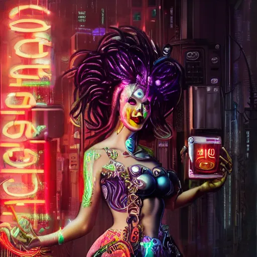 Prompt: goddess of chaos Eris in cyberpunk world holding the apple of discord with vicious smile, body full of details, hyper realistic, ultra detailed, neon flavour with dark wet, artistic photography, light reflections