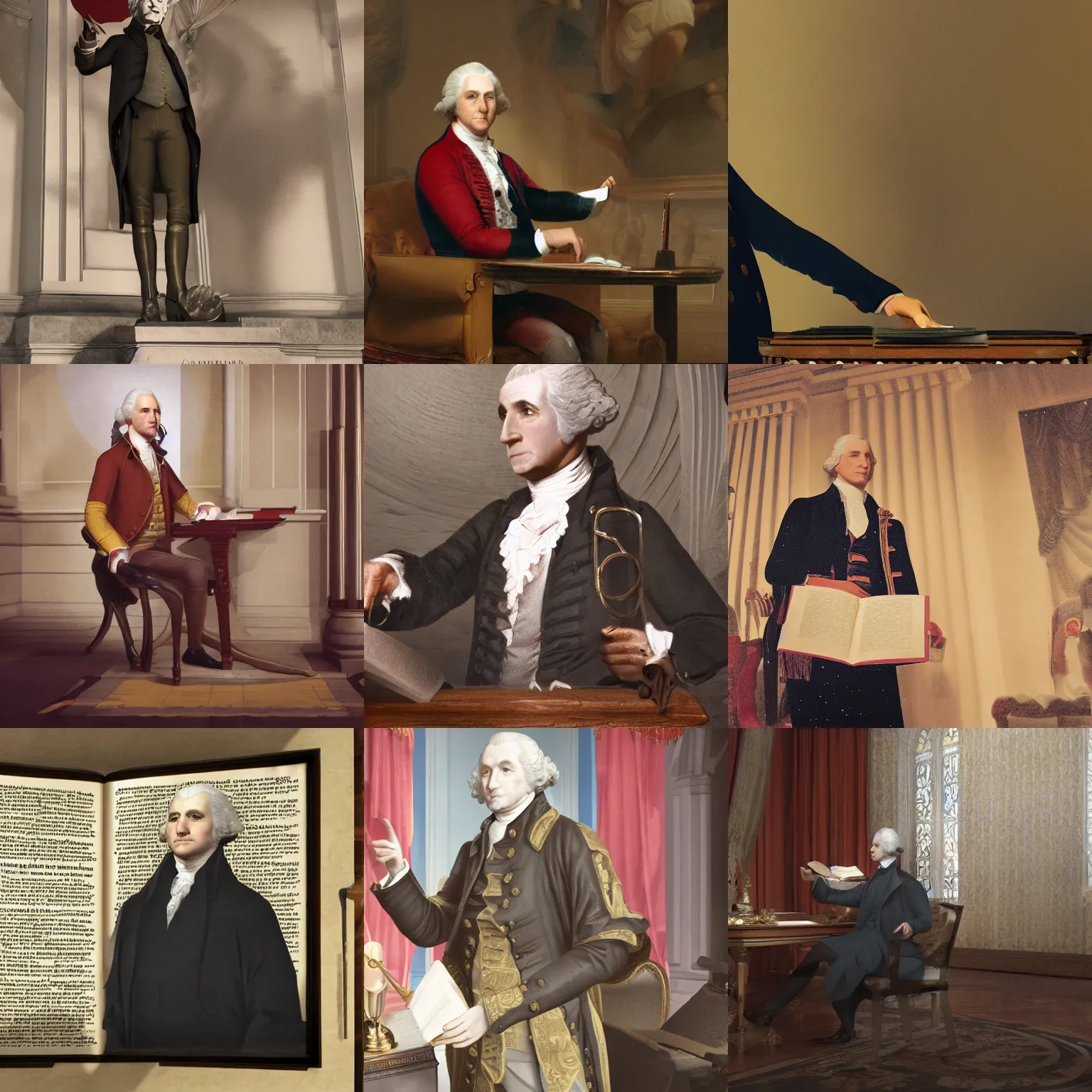 Prompt: close render of george washington with hand on the bible, sworn into office, presidential, inauguration, unreal engine, digital art, octane render, trending on artstation, raytracing