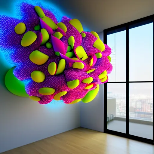 Image similar to : colorful abstract puffy floral sculpture art on the wall in modern architecture studio, cinematic lighting, hyper - realistic, detailed, render by c 4 d octane, unreal engine, 8 k 3 d render