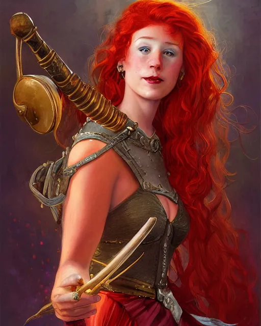 Prompt: fantasy portrait of a happy young women looking with red hair and freckles, slight smile, renaissance colorful dress, leather armor, music instrument in hand, backlit, digital painting by Michael Whelan and and boris vallejo, dnd illustration, trending on Artstation, sfw