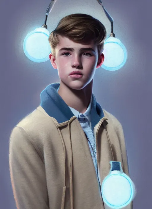 Image similar to portrait of a teenage boy named moose mason, blonde short hair, jock, beefy, square jaw, square facial structure, 1 9 5 0 s, blue varsity jacket, intricate, elegant, glowing lights, highly detailed, digital painting, artstation, concept art, smooth, sharp focus, illustration, art by wlop, mars ravelo and greg rutkowski