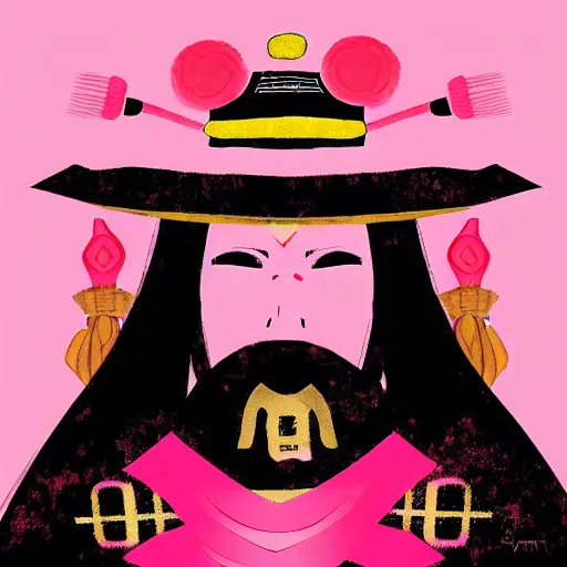 Image similar to a dramatic digital painting of a samurai with a pink birthday hat