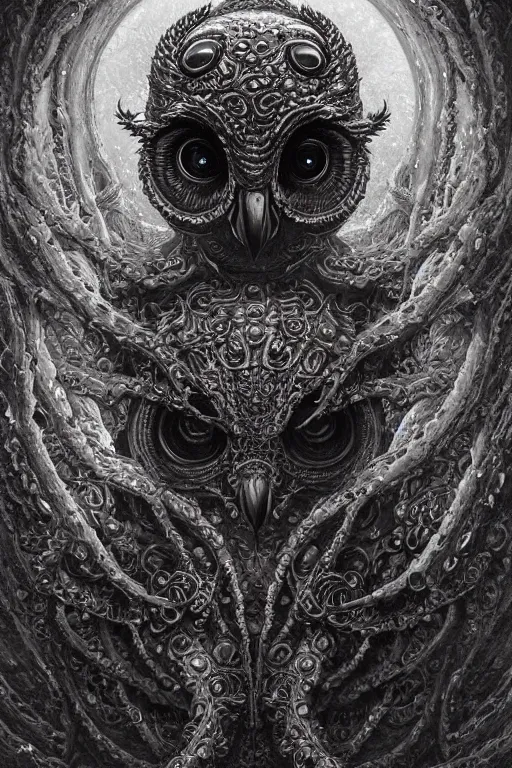 Image similar to realistic portrait of beautifully crystalized and detailed portrait of a eyeless owl, tentacles, tendrils, eldritch, matte painting of cinematic movie scene red dragon, horror, created by gustave dore and greg rutkowski, high detailed, smooth draw, synthwave neon retro, intricate, realistic proportions, dramatic lighting, trending on artstation.