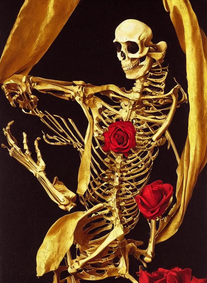 Prompt: a portrait of a gold skeleton , beautiful rose petal dress, oil painting in a renaissance style , very detailed, painted by Caravaggio.