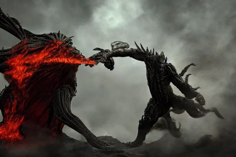 Image similar to movie still, huge balrog fighting normal sized gandalf at the bridge of khazad - dum, style of h. r. giger, fiery, dark, realistic movie still, cinematic, cgi,