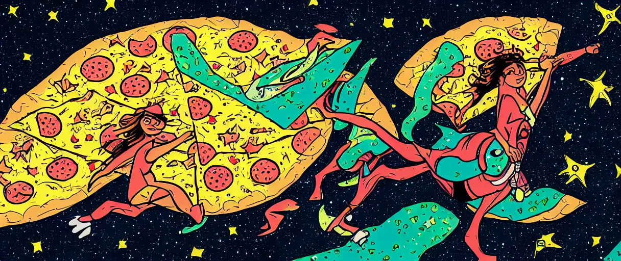 Image similar to a hore riding across the stars on a big pizza, comic style, colorful, 4 k, high details