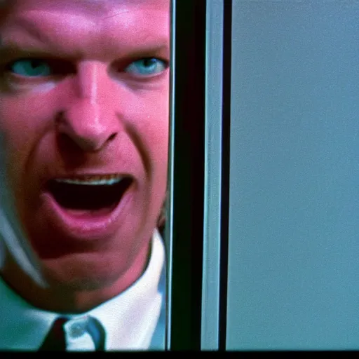 Image similar to a vhs still portrait of aphex twin breaking into the office from a gritty cyberpunk 2 0 0 0 s james cameron movie about spider - man. realism, cinematic lighting, 4 k. 8 mm. grainy. panavision.