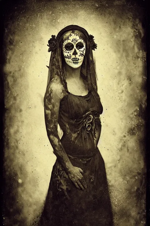 Image similar to calotype, tintype, virgin mary in dia de muertos dress and make up, horrific beautiful vibe, evocative, atmospheric lighting, painted, intricate, highly detailed, leesha hannigan, wayne haag, reyna rochin, ignacio fernandez rios, mark ryden, iris van herpen, stunning, gorgeous, sharp focus, cinematic, masterpiece