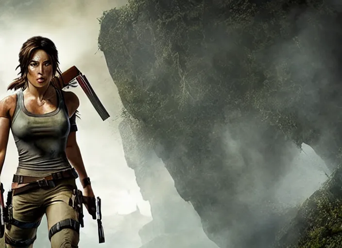 Image similar to film still of!!!! chloe bennett!!! as lara croft in new tomb raider movie, 8 k