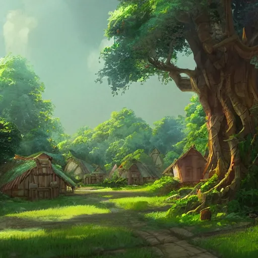 Prompt: concept art painting of a forest village with houses made of trees and roots, houses inside trees, vines, deep forest, realistic, detailed, cel shaded, in the style of makoto shinkai and greg rutkowski and james gurney