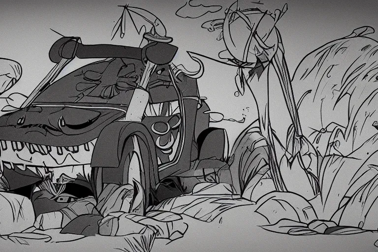 Image similar to samurai jack driving a clown car, photorealistic, detailed and intricate environment