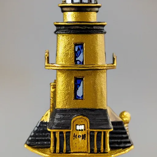 Image similar to an ornate lighthouse 28mm miniature, detailed with white and gold filagree and goldleaf decorative elements, sitting on a desk, painstaking detail, black lacquer, glossy shiny reflective, splashed with graffiti art