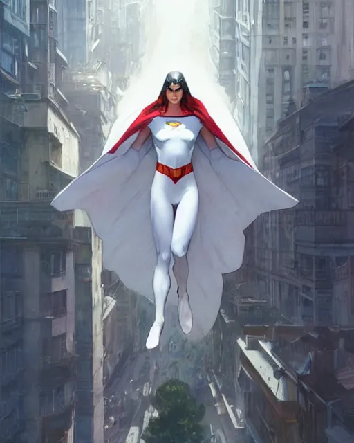 Image similar to wide angle of superhero - white cape levitating over the street below, arms spread wide, highly detailed, digital painting, artstation, concept art, smooth, sharp focus, illustration, art by artgerm, greg rutkowski, alphonse mucha, j. c. leyendecker