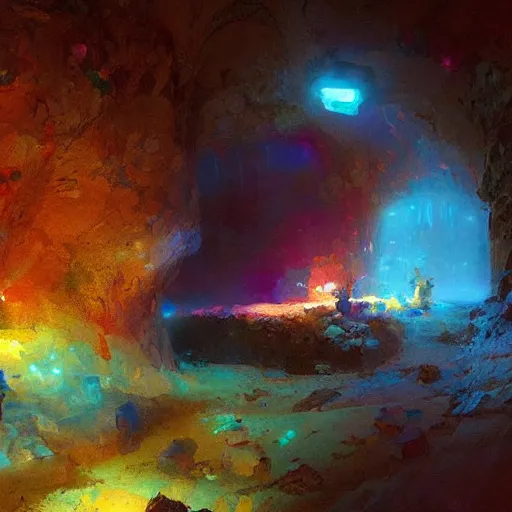 Image similar to a beautiful cave illuminated by shiny crystals of various colours, dark, by craig mullins