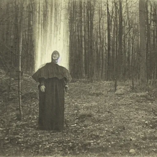 Image similar to scary unproportionally large ghost creature in the woods, 1900s picture