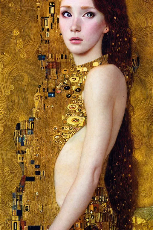 Image similar to beautiful young maiden cyborg, highly detailed, artstation, illustration, art by Gustav Klimt