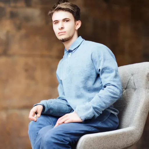 Image similar to full body photo of young man sitting on chair, perfect face, fine details, bokeh