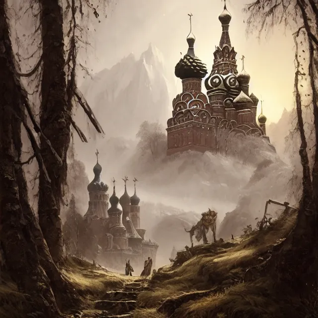 Image similar to russian folk fairytale, story, fable, dramatic, fantasy art, matte painting, an ultrafine detailed painting, academic art, ornate, inticate, elegant, sharp focus, artstation, by pavel korin, viktor vasnetsov, greg rutkowski