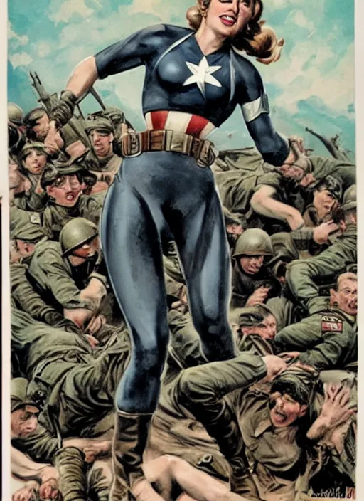 Image similar to beautiful female captain america standing on a pile of defeated german soldiers. feminist captain america wins wwii. american wwii propaganda poster by james gurney