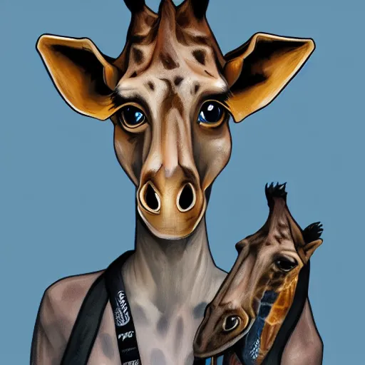 Prompt: Beautiful portrait digital painting, oil painting, anthro anthropomorphic giraffe androgynous , at a lake anarchist anarcho-punk Punk Punk outfit. furaffinity, artstation