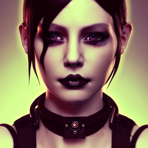 Image similar to headshot of cyberpunk punk woman wearing thick steel choker around neck, 4K, detailed face, collar on neck, realistic, artstation, neon,
