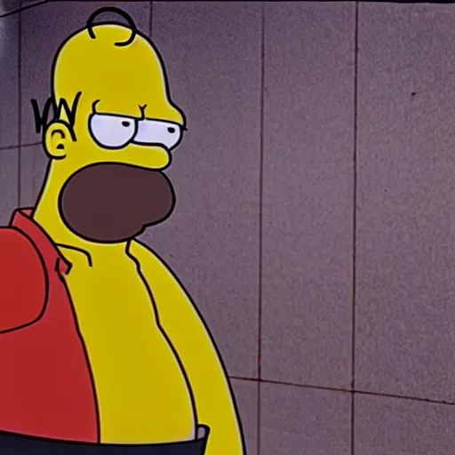 Image similar to A high res cinematic film still of Homer Simpson in the movie The Matrix.