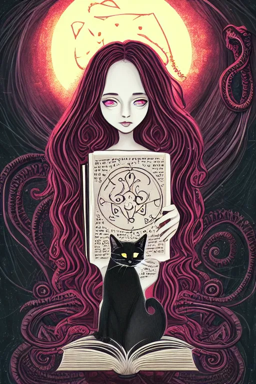 Image similar to ai illustration of romantic girl, her cat and her book of necronomicon, symmetrical, cinematic, sharp focus, 4 k, ultra hd, sense of awe, sinister demonic atmosphere, dreadful, forbidden knowledge, old gods, cthulhu, yog - sothoth! yah, yah, yah! cultist journal cover