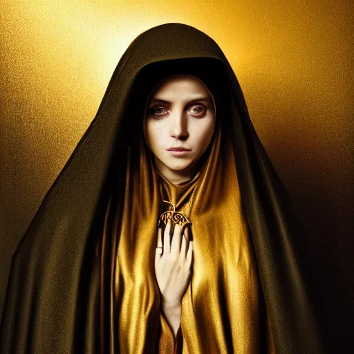 Image similar to a portrait of a young woman wearing a long dark cloak, hood and shadows covering face, holding golden chains, oil painting, matte painting, black background, Volumetric Golden dappled dynamic lighting, Highly Detailed, Cinematic Lighting, Unreal Engine, 8k, HD, by Beksinski