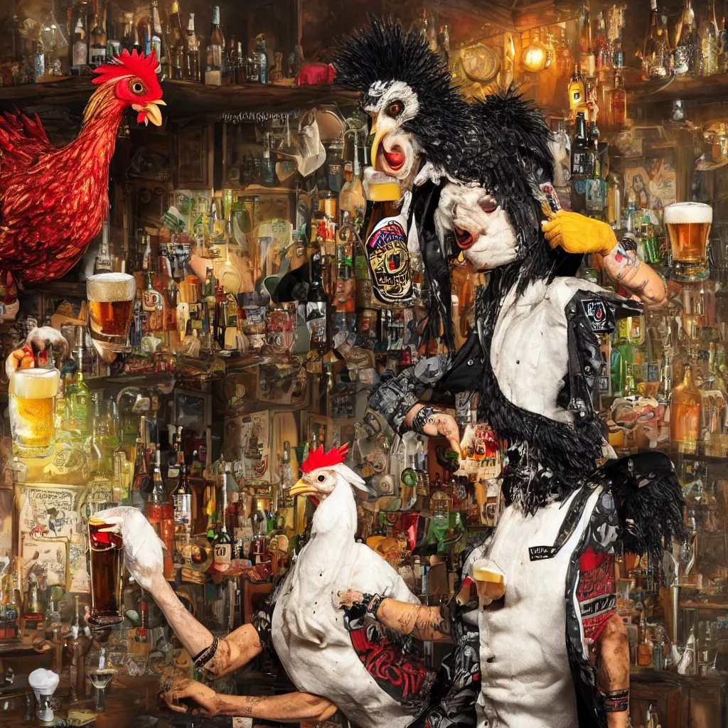 Prompt: fine portrait of a humanoid chicken dressed in punk clothes drinking beer, ultra-realistic, 16K 3D, crying engine