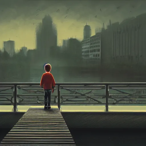 Prompt: a lonely boy on a city bridge looking to the river at night, digital painting, masterpiece, digital art, hyperrealistic, concept art, octane render, unreal engine 5, trending on deviantart, sad atmosphere, centered, anatomically correct, oil painting, high contrast, serene scenery, loneliness, path traced