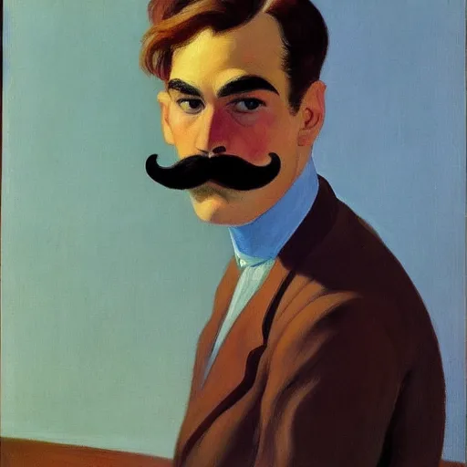 Image similar to a brown haired man with a mustache staring deeply at camera, detailed, edward hopper,