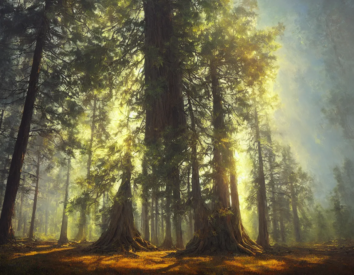 Image similar to hyper realistic oil painting of sequoya tree, hd, hdr, by moebius and john howe and albert bierstadt and alena aenami, ultra detailed, high resolution