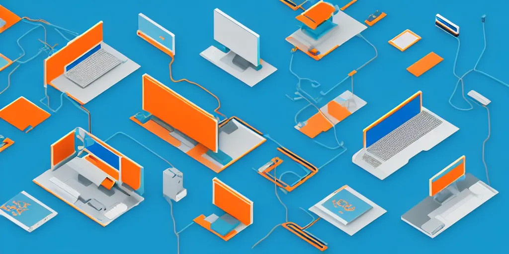 Prompt: Many computers interconnected by cables, isometric view from above. Minimalistic design, contemporary design, infographics. Logo. Blue, cyan and orange palette. Vivid, 8K, Epic, Masterpiece