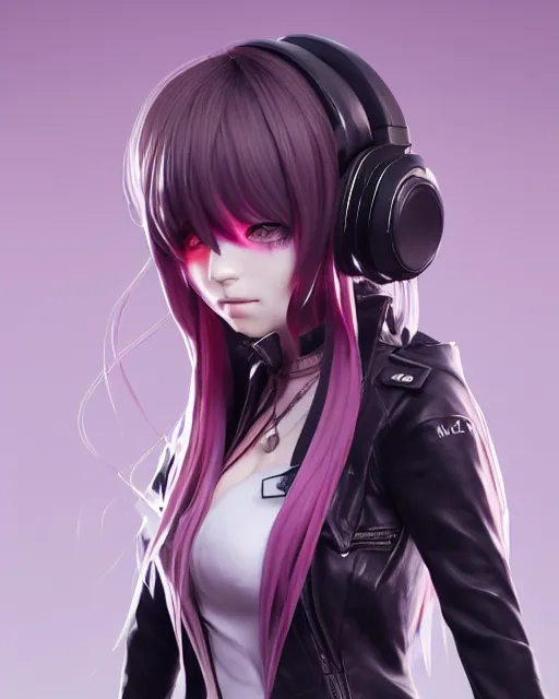 Prompt: beautiful portrait of a woman with pastel long hair with her eyes closed facing the camera with headphones on in the style of a code vein character, momo from twice in code vein in the style of WLOP, artgerm, yasutomo oka, rendered in unreal engine and redshift octane , dynamic dramatic lighting, soft lighting, imagine fx, artstation, cgsociety, by Bandai Namco artist, background is surrounded by epic neon glitch effect digital art