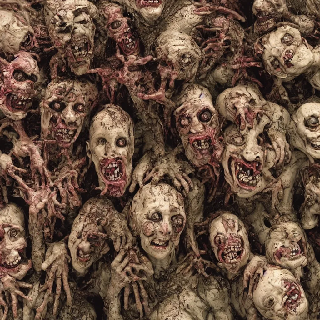 Image similar to portrait of a happy creepy mud clay people in supermarket by bob bottin and cronenberg, horror grotesque, realistic detailed photography, filth and grim, colorized 1 9 9 0's