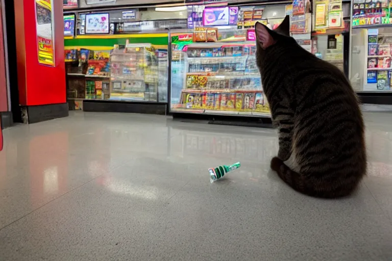 Image similar to cat smoking a cigarette in 7 - eleven wide angle lens