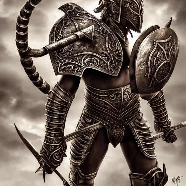 Image similar to warrior with metal bull armour, highly detailed, 4 k, hdr, smooth, sharp focus, high resolution, award - winning photo, artgerm, photorealistic