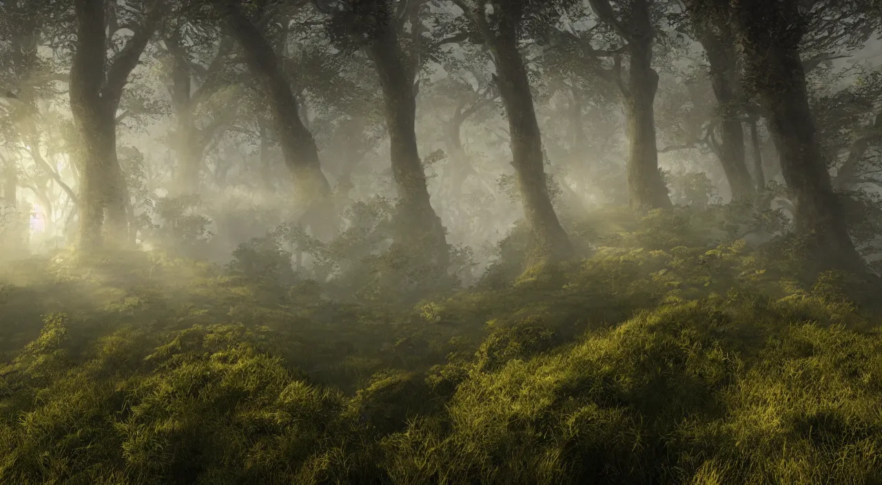 Image similar to photorealistic misty moors overgrowth undergrowth jagged rock features volumetric fog light rays high contrast dawn