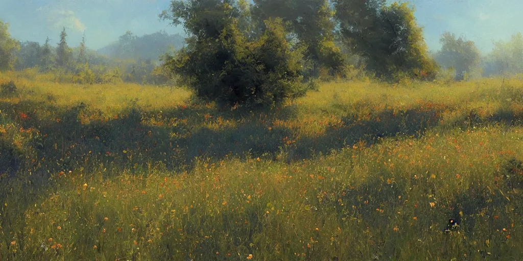 Prompt: an oil painting of a beautiful meadow; masterpiece; extremely-detailed; by Craig Mullins