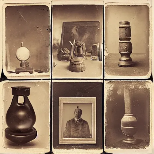 Image similar to Tintype photograph of objects displayed in an ethnographic museum, primitive display, anthropology of wonder, in the style of Marcel Duchamp, found objects, ready-made, 1920s studio lighting.