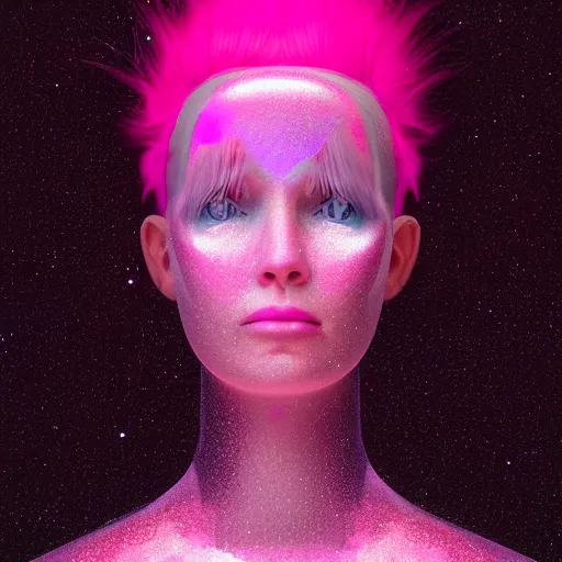 Prompt: a woman with pink hair and a mirror as her face, a hologram by mike winkelmann, cgsociety, neo - dada, futuristic, glitch art, 8 k 3 d