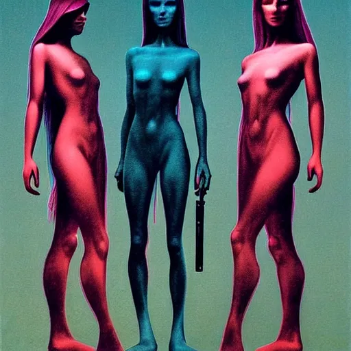 Image similar to charlies angels by beksinski and tristan eaton, dark neon trimmed beautiful dystopian digital art