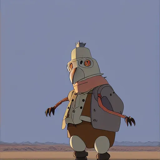 Prompt: a study of cell shaded cartoon of a grey mechanized vulture from howl's moving castle ( 2 0 0 4 ) on a desert road, full body, wide shot, very muted colors, post grunge, studio ghibli, laurie greasley, highly detailed, deviantart, art by artgem