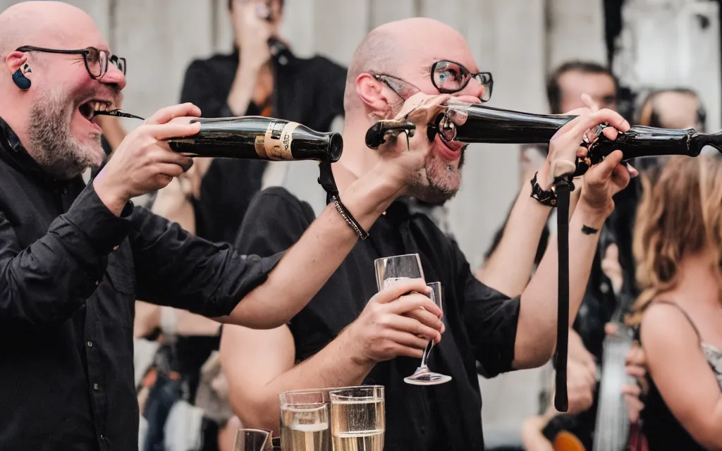 Image similar to photography of the musician marc rebillet drinking champagne at his concert, public is annoyed and throws cans on the stage, a big bald guy is laughing and points at marc rebillet 4 k,