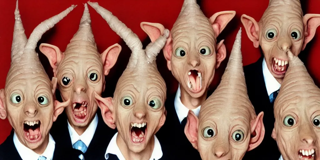 Image similar to six eyed dobby coneheads 1980s pop band, 1980s surrealism aesthetic, detailed facial expressions