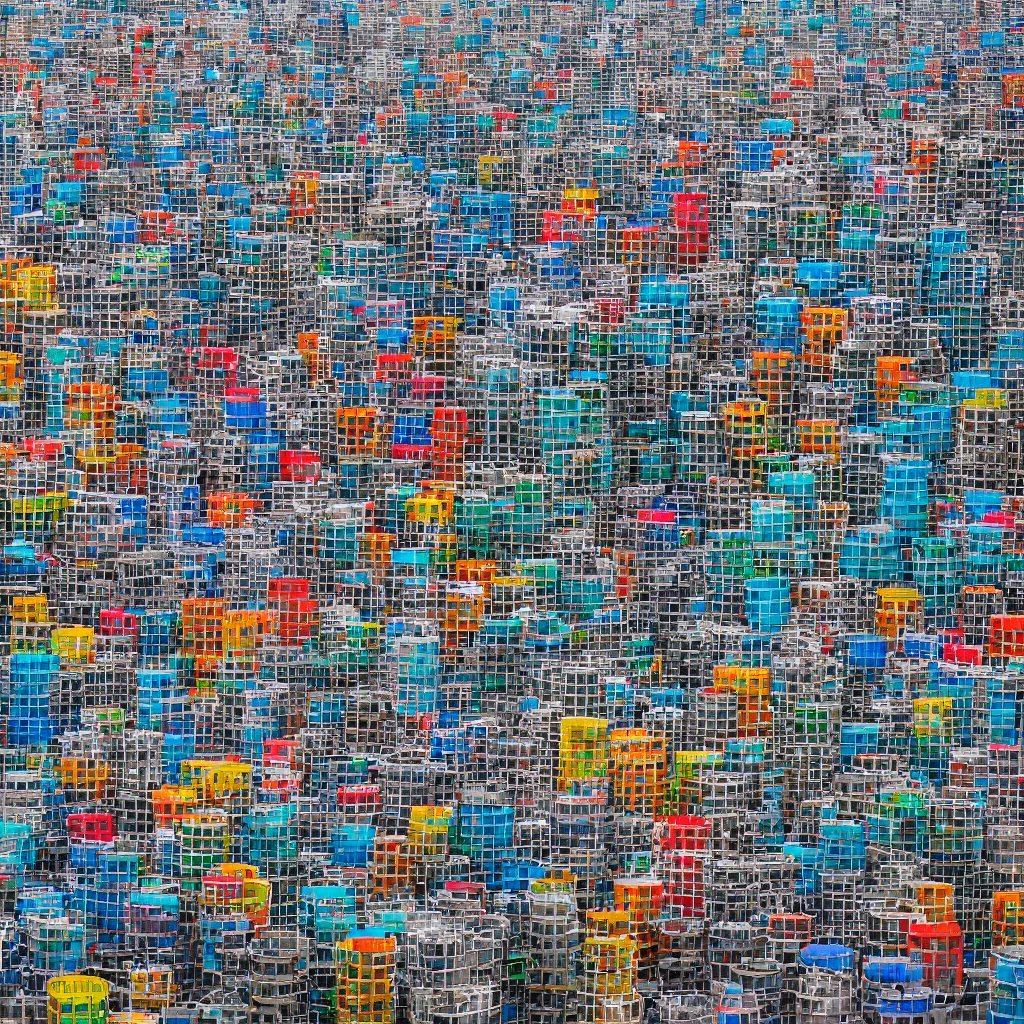 Image similar to circular towers, made up of colourful makeshift squatter shacks, vertical blank spaces, dystopia, sony a 7 r 3, f 1 1, fully frontal view, photographed by jeanette hagglund and terry gilliam