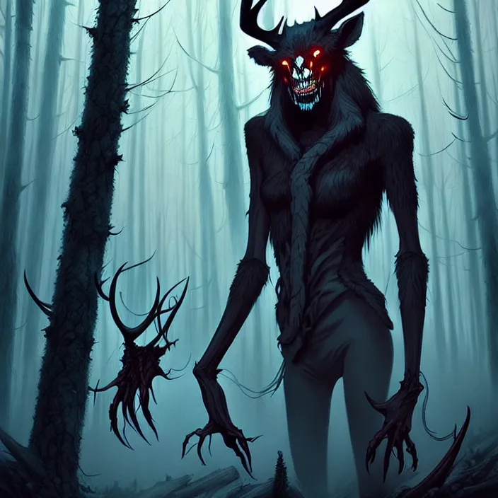 Image similar to style artgerm, joshua middleton, jesper ejsing, scary wendigo with antlers and skull face mixed with werewolf, in the forest, detailed, dark and foggy, cinematic lighting