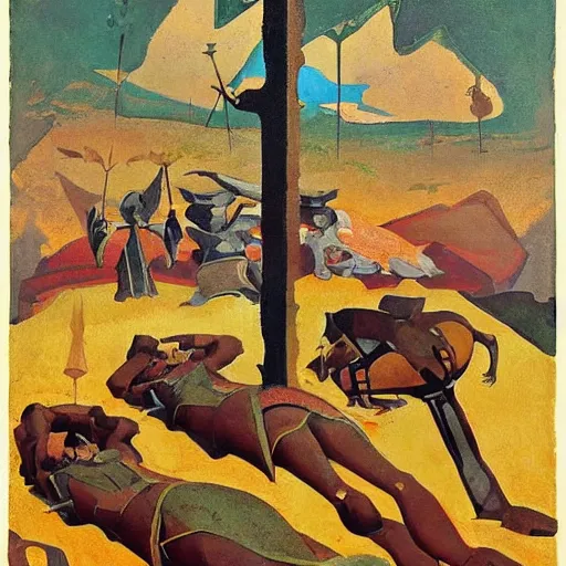 Prompt: a naturalist vintage painting of shining metal medieval armors soldiers lying on the ground by nicholas roerich by gustave moreau, by eyvind earle by bruce pennington by georgia o keeffe, blood, skin reflective metallic