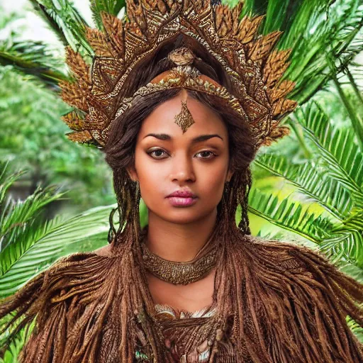 Image similar to a regal brown woman wearing an intricate dewdop armor. very detailed. woman is surrounded by lush green tropical forest. extremely photorealistic.